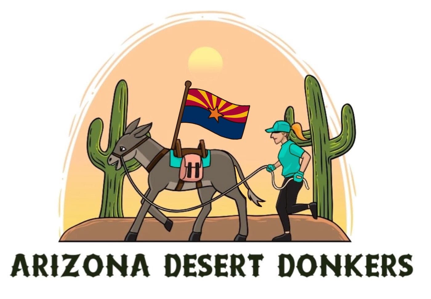 Arizona Desert Donkers logo — a runner leading a pack burro carrying the Arizona flag through the desert