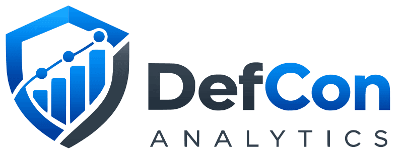 DefCon Analytics logo — a blue analytics shield with a bar chart and trend line