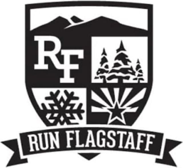 Run Flagstaff logo — a black-and-white crest with an RF monogram, mountains, pines, a snowflake, and the Arizona flag sunburst above a RUN FLAGSTAFF banner